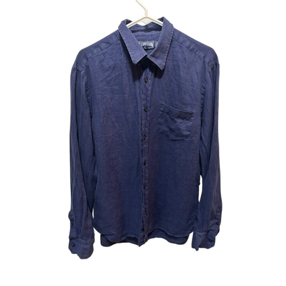 Vilebrequin 100% Linen Button Up Shirt Men's XL Solid Navy Blue Front Pocket